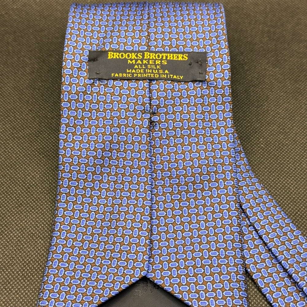 Vintage Brooks Brothers Makers Blue Geometric Pattern Silk Tie 4" x 58" USA Made - Picture 3 of 4